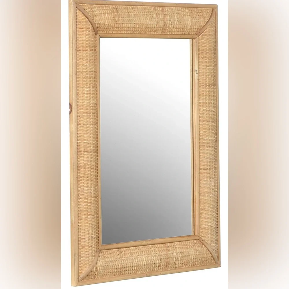 New West Elm Large Rattan Boho Rectangular Frame Wall Mirror - 27
